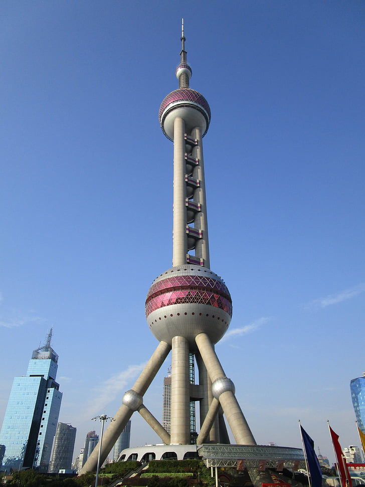 Chine, Shanghai, oriental pearl tower, Chinois, célèbre, gratte-ciel, haute