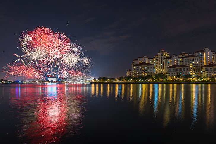 fireworks, display, near, city, urban, night, lights