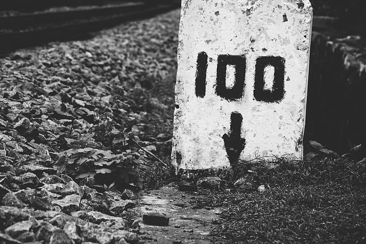 milestone, 100, rail, railway, tracks, down