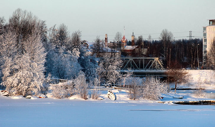 Oulu, Finland, Bridge, bygninger, Lake, frosset, trær