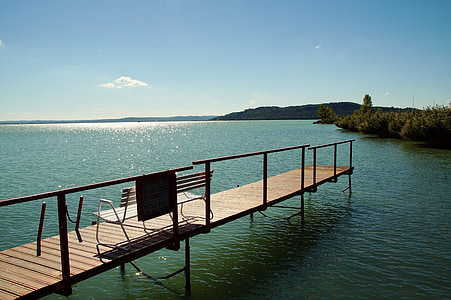 Lago, Balaton, cais, banco, ponte, Verão, feriados