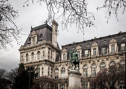 hotel de ville, paris, france, europe, architecture, statue, equestrian