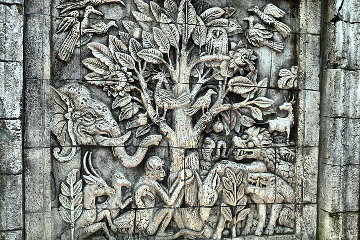 relief, wall, temple, stone, sculpture, mythical, flora