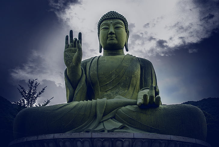 Chungnam, pronssi, Amitabha buddha, patsas, veistos, pieni kulma view, Cloud - sky