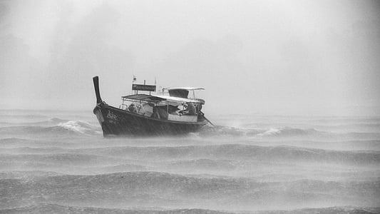 black-and-white, boat, ocean, rain, sea, sky, storm