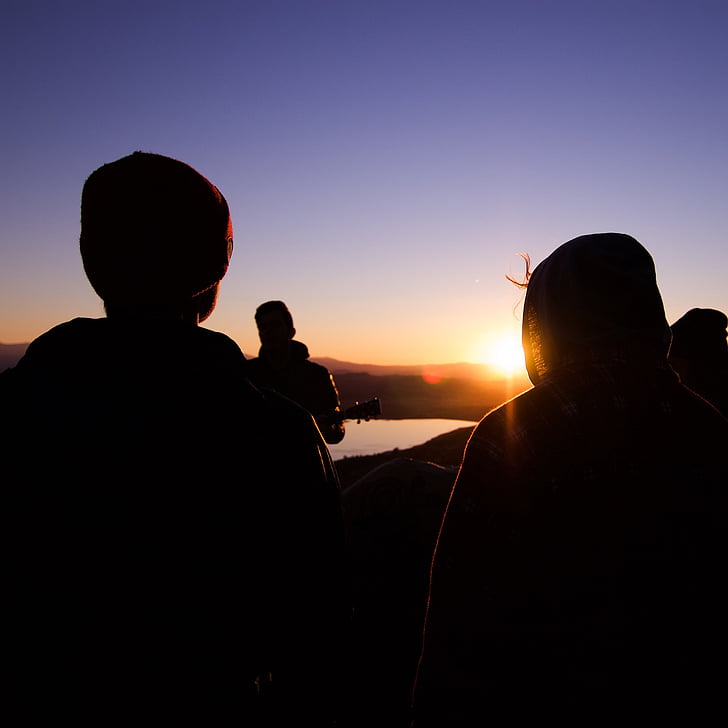 Alba, crepuscolo, montagne, persone, sagoma, cielo, sole