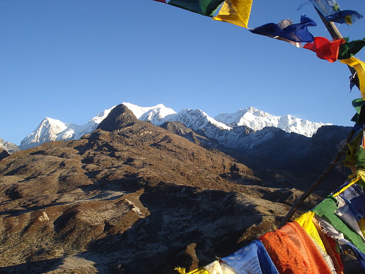 sikkim, mountain, sky, flags, landscape, high mountain, nature