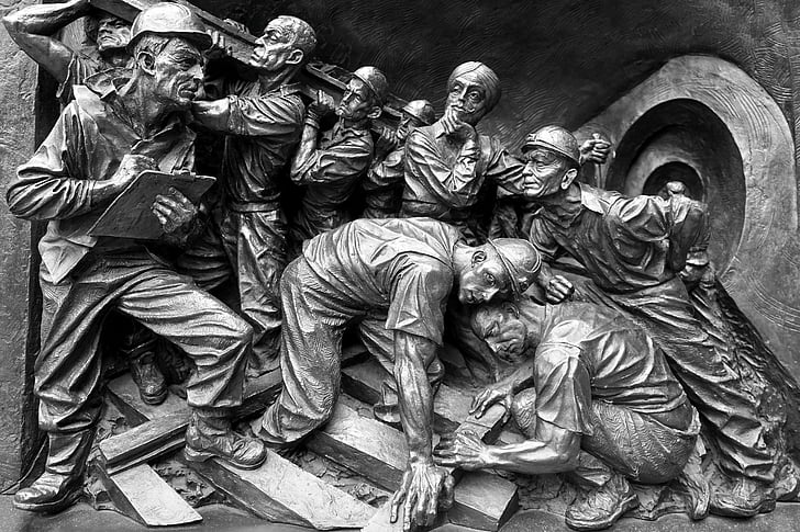 miners, art, rock, stone, sculpture, men working, train