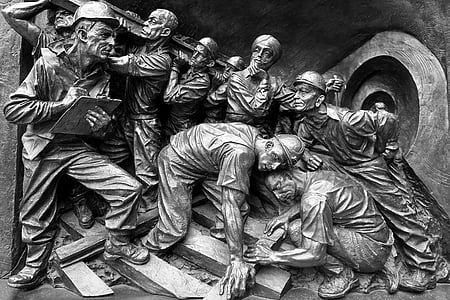miners, art, rock, stone, sculpture, men working, train