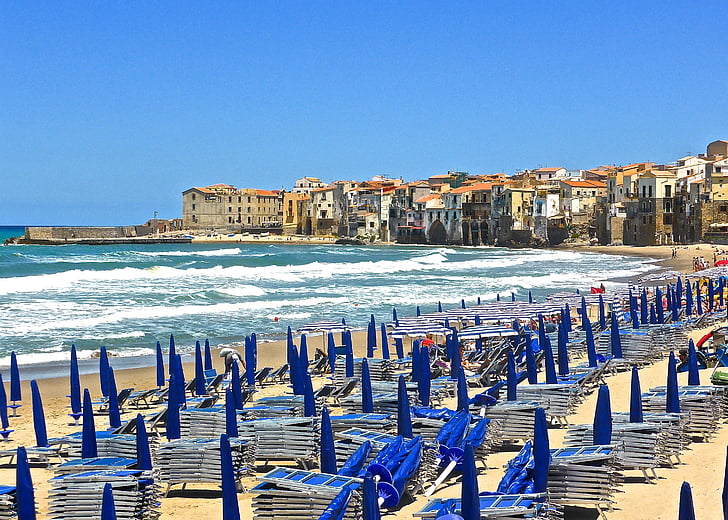 mořské pobřeží, Cefalu, Sicílie, židle, pobřeží, odpočinek, svátek