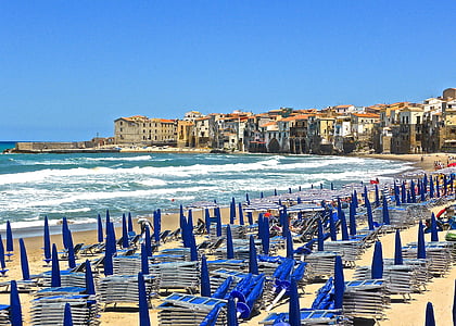 seaside, cefalu, sicily, chairs, shore, relax, holiday