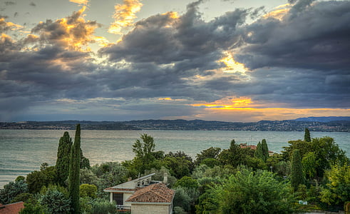 Sunset, Gardasøen, Italien, landskab, vand, sommer, blå