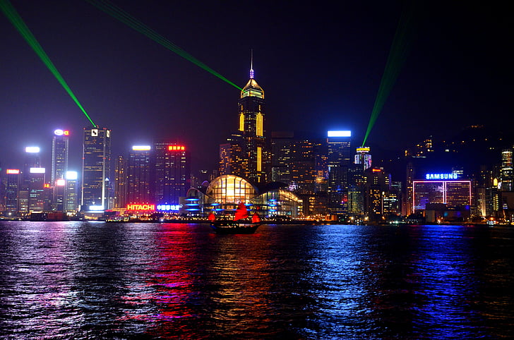 Panorama, Čína, noční, město, světla, večer, mrakodrap