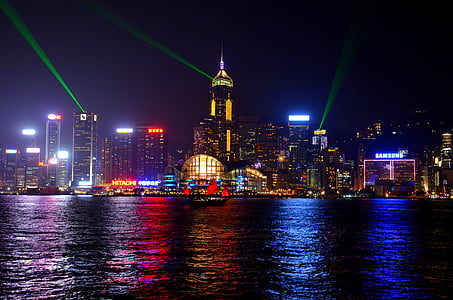 天际线, 中国, 晚上, 城市, 灯, 晚上, 摩天大楼