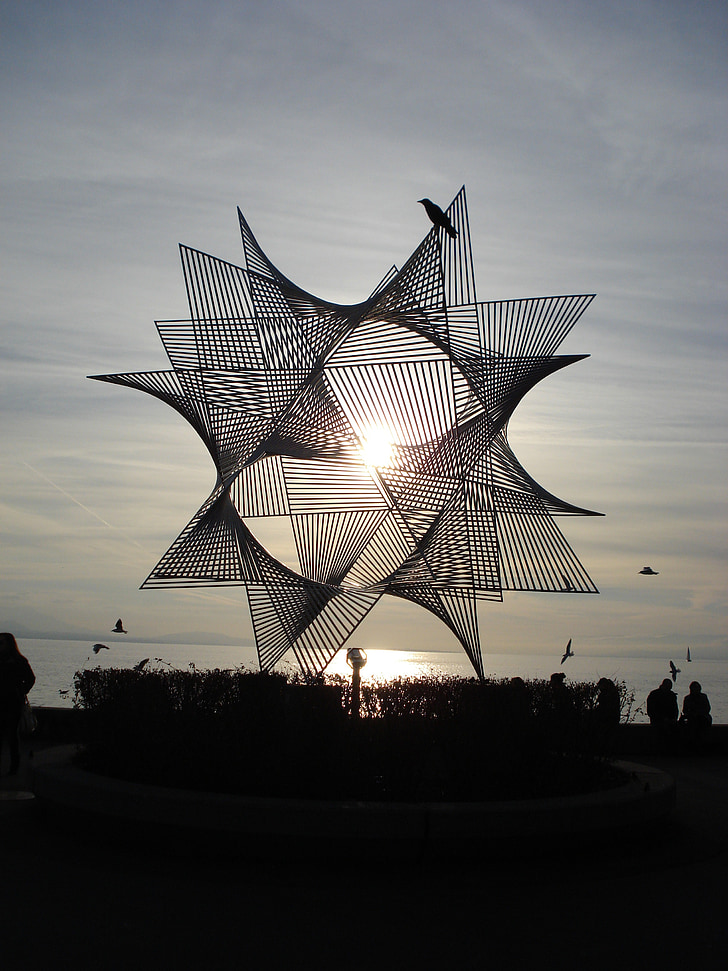 tác phẩm điêu khắc, Lausanne, Lausanne, kim loại, mặt trời, Lake geneva, Thuỵ Sỹ