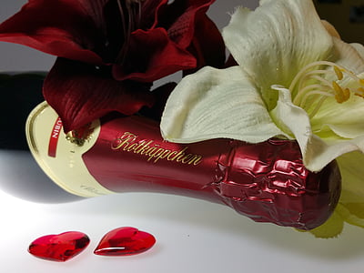 pezsgő, rotkäppchen, szív, romantika, virágok, Valentin-nap, szerelem
