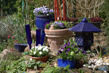 sodas, apdaila, mėlyna, sodo dekoracijos, garsas, stiklo