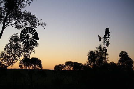 Moulin à vent, moulins à vent, silhouette, arbres, branches, rural, coucher de soleil