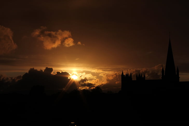puesta de sol, cielo, sol, al atardecer, naranja, Horizon, Iglesia