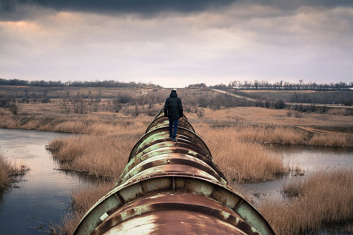 person, walking, pipeline, tube, steel, big, enormous