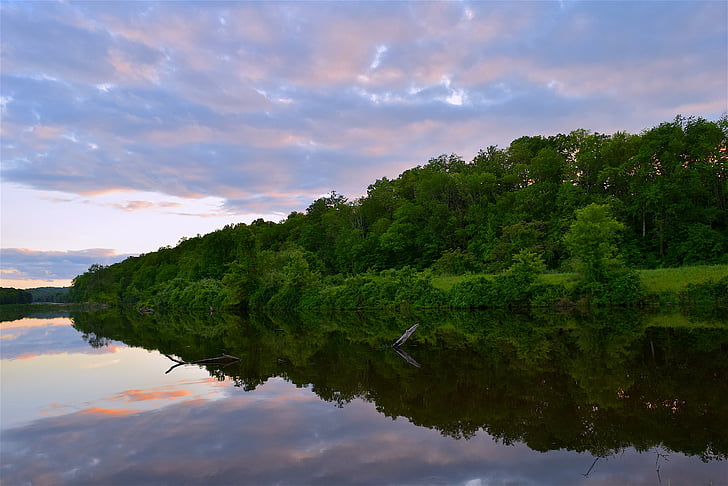 jezero, Západ slunce, reflexe, voda, krajina, Příroda, obloha