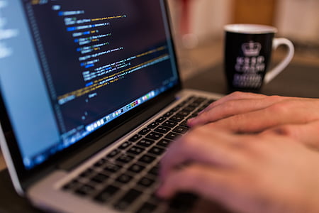 persona, davant, gris, portàtil, ordinador, programació, codis