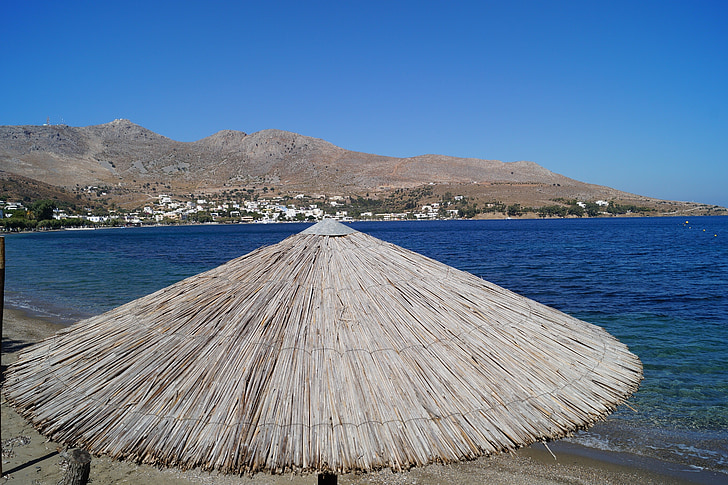 laut, payung, Reed, bambu, bayangan, Mediterania, Yunani