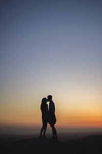 couple, dawn, dusk, kissing, love, people, silhouette
