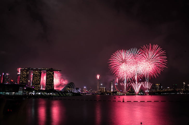 sărbătoare, City, peisajul urban, focuri de artificii, Marina bay, Marina bay sands, viata de noapte