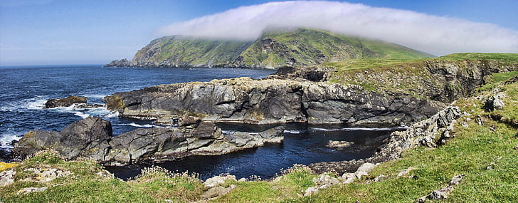 Shetland-szigetek, Skócia, panoráma, parti, tenger, sziklás, tengerpart
