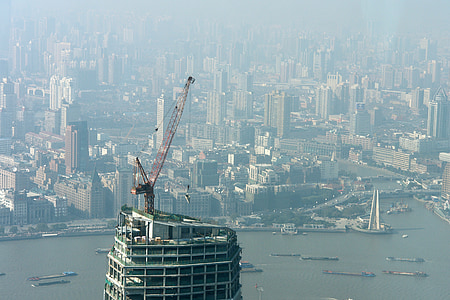 Crane, gratte-ciel, Outlook, gratte-ciels, chantier de construction de ville, travaux de construction, flèche de grue