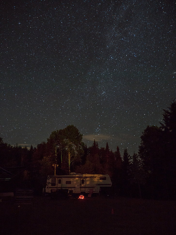 campervan, camping, cosmos, dark, night, silhouette, stars