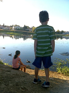 siblings, kids, boy, girl, young, pond, ducks