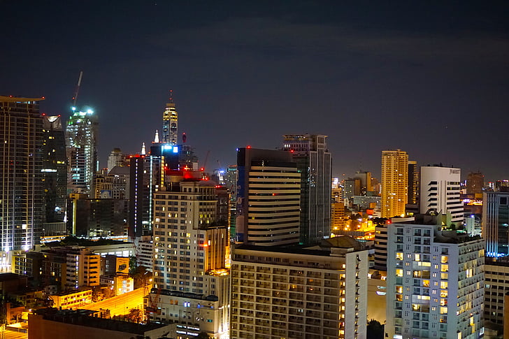 ciutat, nit, Bangkok, gratacels, Torres, il·luminat, edificis