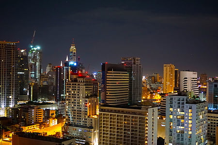 Kota, malam, Bangkok, pencakar langit, Menara, menyala, bangunan