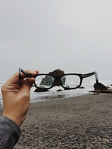 眼镜, 海滩, 雨, 天气, 手, 灰色, 岩石