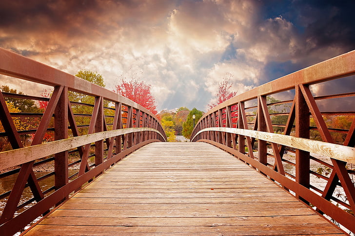 Jembatan, matahari terbenam, alam, musim gugur, Sungai, Kota, perkotaan