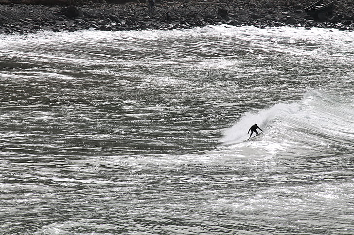 monochrome, surfer, sport, dynamics, water, atlantic, wave
