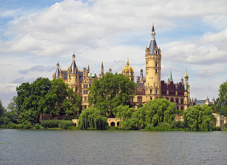 grad Schwerin, jezero, Schwerin, krog, poletje, arhitektura, znan kraj