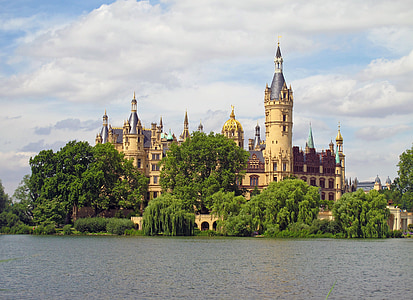 Castelo de Schwerin, Lago, Schwerin, colo, Verão, arquitetura, lugar famoso