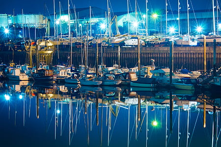 boats, reflection, night, water, sea, blue, harbor