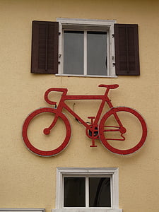 τροχός, ποδήλατο, κόκκινο, Hauswand, παράθυρο, τέχνη, αρχιτεκτονική