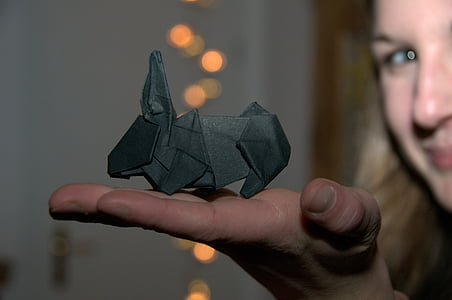 origami, rabbit, paper, fold, hand, hare, black