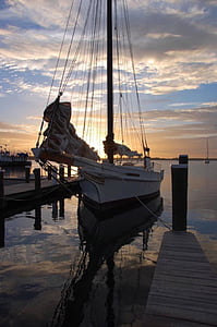 boat, jetty, water, sky, sunset