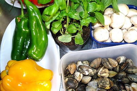 grønnsaker, sopp, vongole, matlaging, frisk, sunn, mat