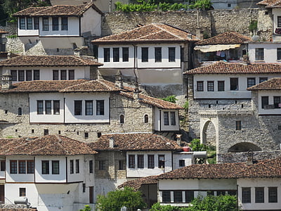 Albánia, Berat, építészet, város, régi, örökség, hagyományos