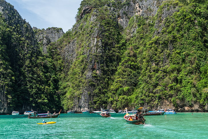 tour de l’île phi phi, Phuket, Thaïlande, bateaux en bois, mer, eau, Tourisme