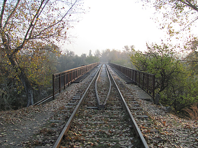 Bridge, Rails, järnväg, sättet, sliprar, järnväg, dimma