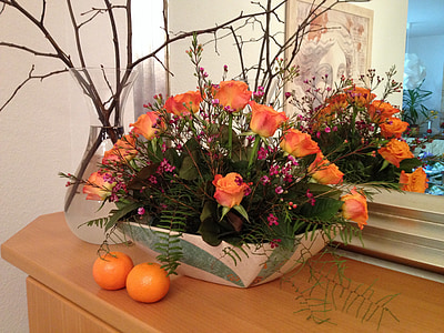 roser, blomsterarter arrangement, blomst skål, urtepotte, orange, Shell, dekoration