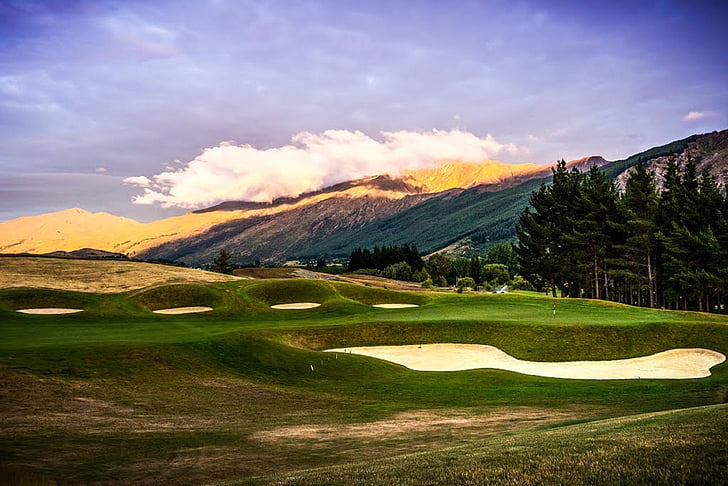 parcours de golf de collines, Nouvelle-Zélande, Arrowtown, Queenstown, montagnes, belle, nature